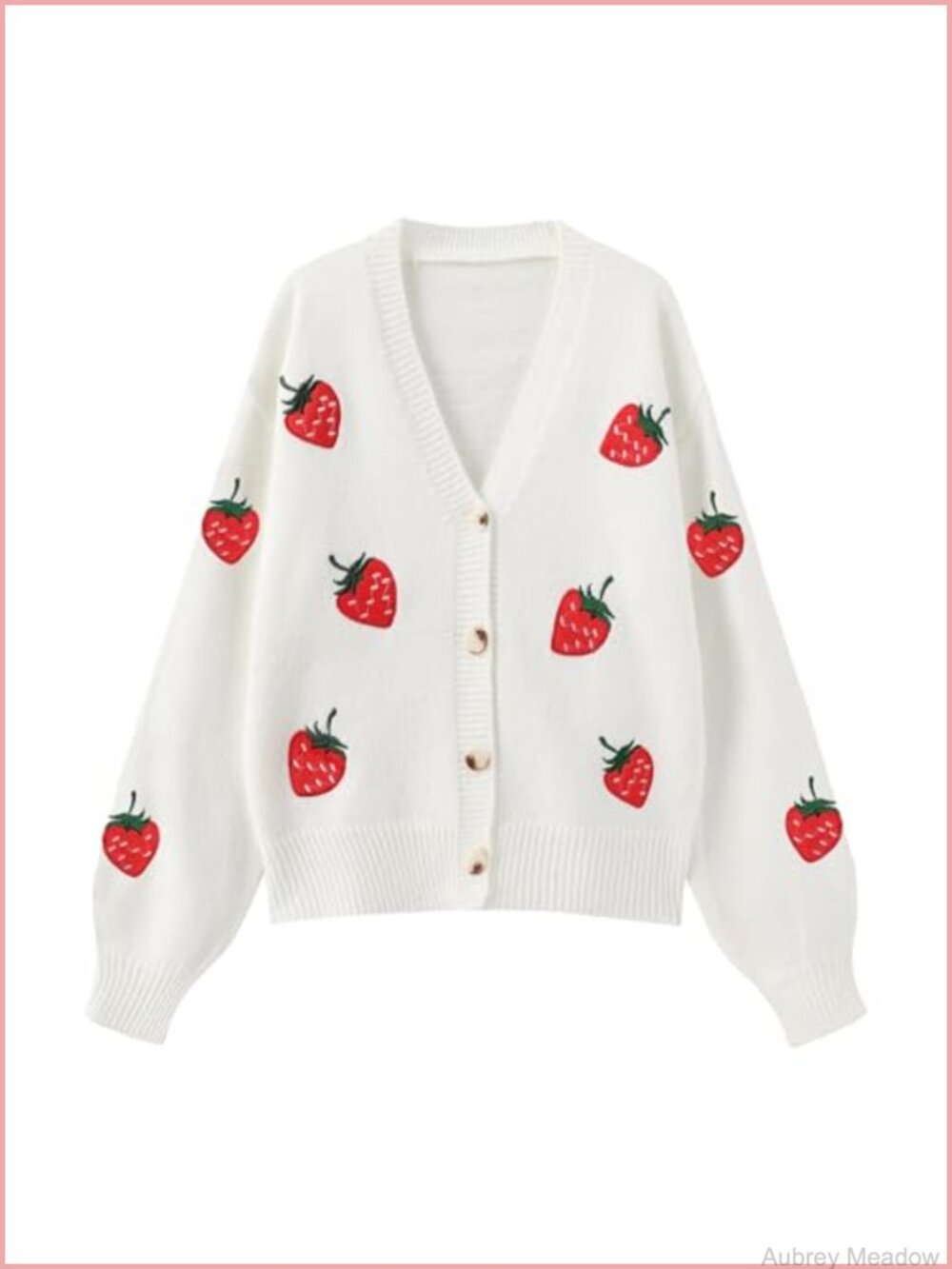 Strawberry Embroidered Knit Cardigan V-Neck Bubble Sleeve Button Kawaii Y2K